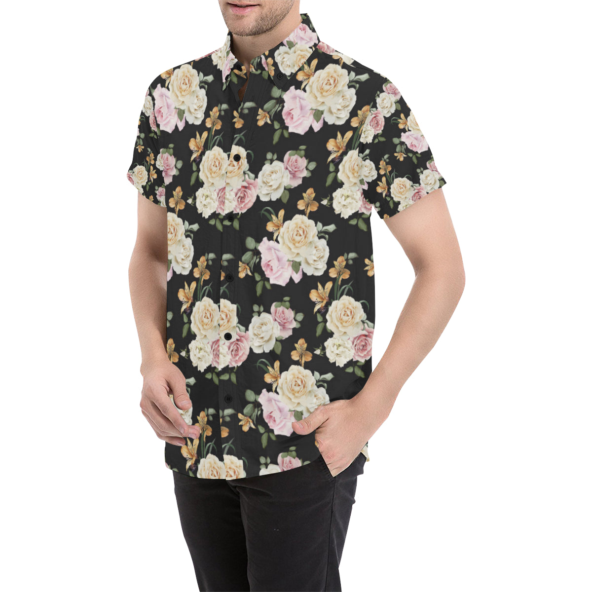 Rose Pattern Print Design A01 Men's Short Sleeve Button Up Shirt