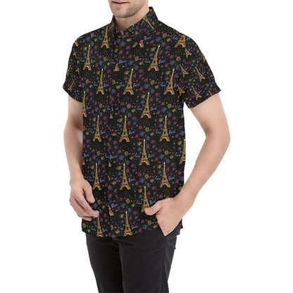 Eiffel Tower Love Paris Print Men's Short Sleeve Button Up Shirt