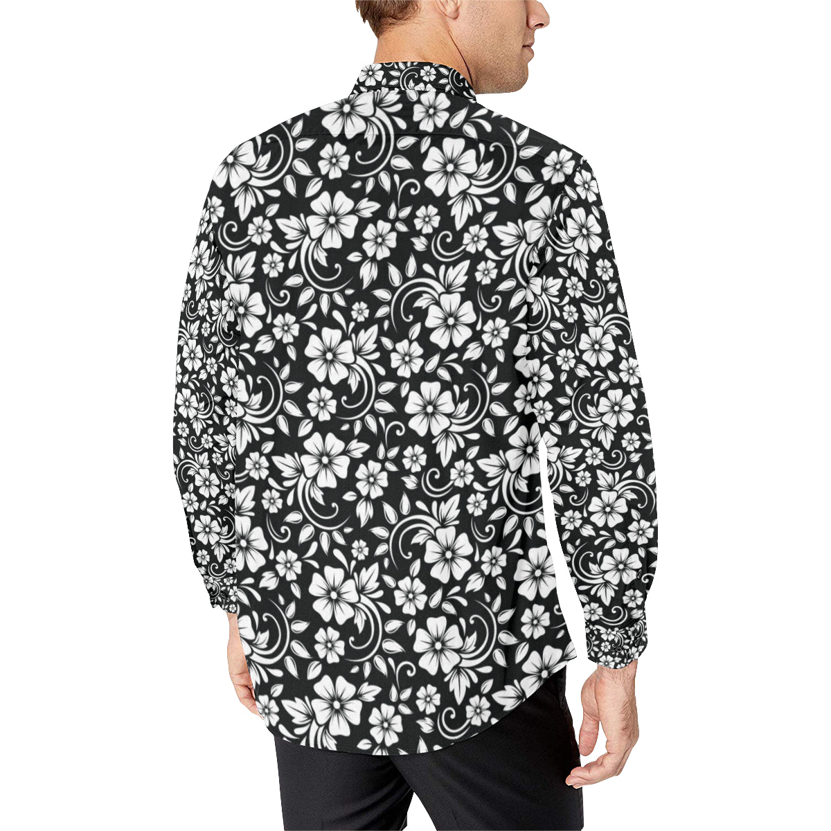 Floral Black White Themed Print Men's Long Sleeve Shirt