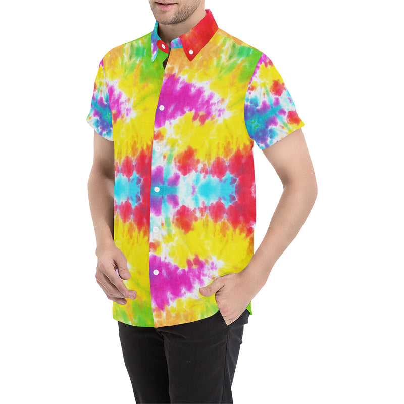 Tie Dye Rainbow Themed Print Men's Short Sleeve Button Up Shirt