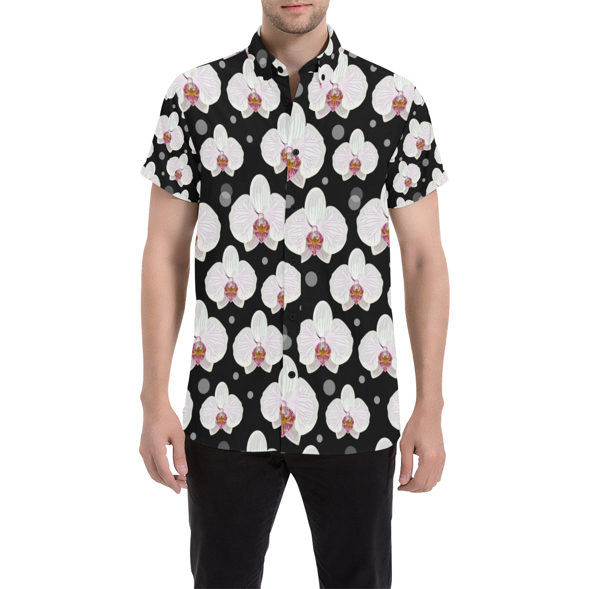 Orchid White Pattern Print Design OR09 Men's Short Sleeve Button Up Shirt