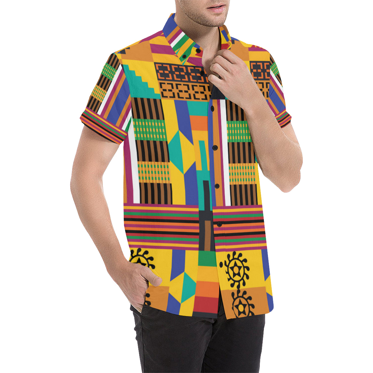 Kente Pattern Print Design 03 Men's Short Sleeve Button Up Shirt