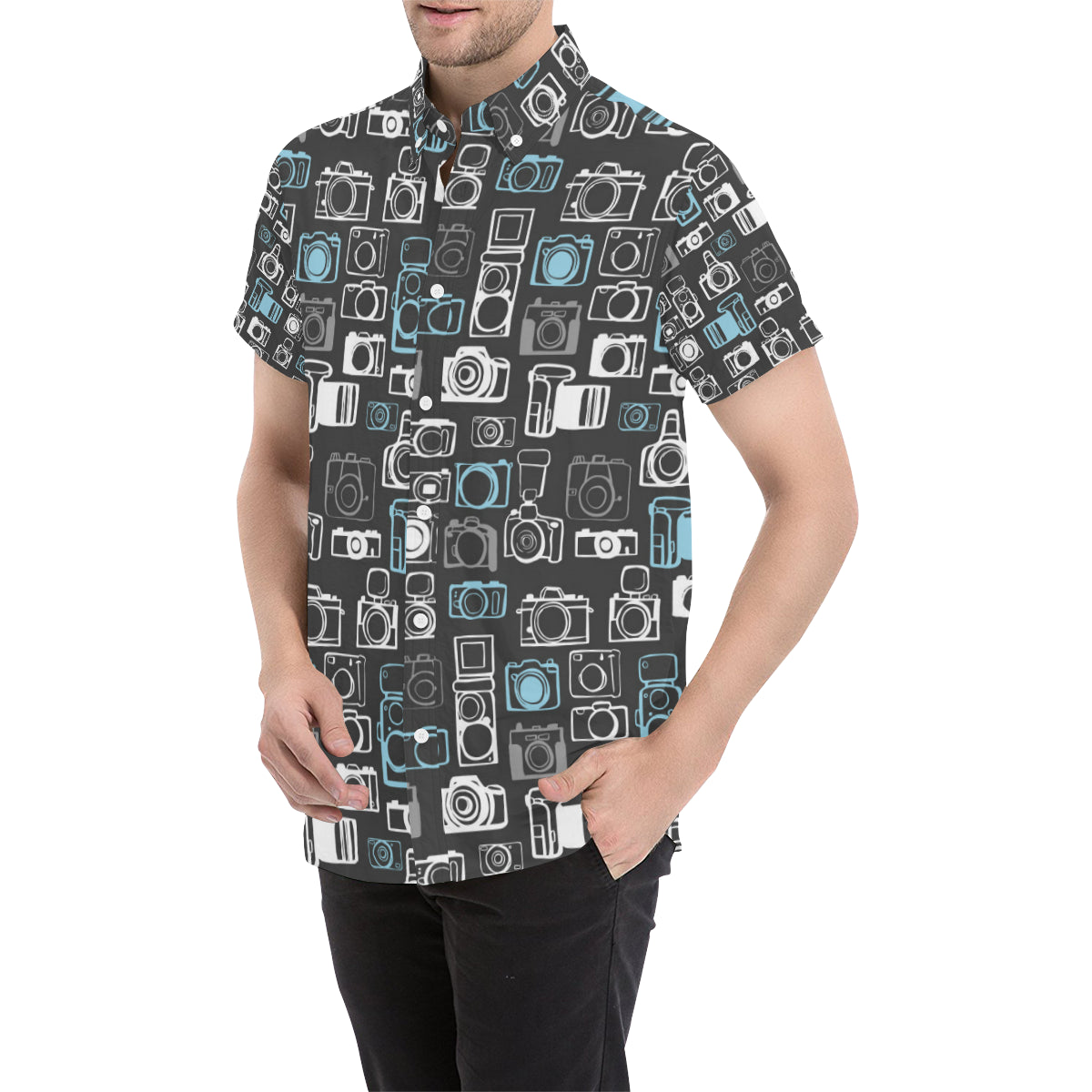 Camera Pattern Print Design 04 Men's Short Sleeve Button Up Shirt