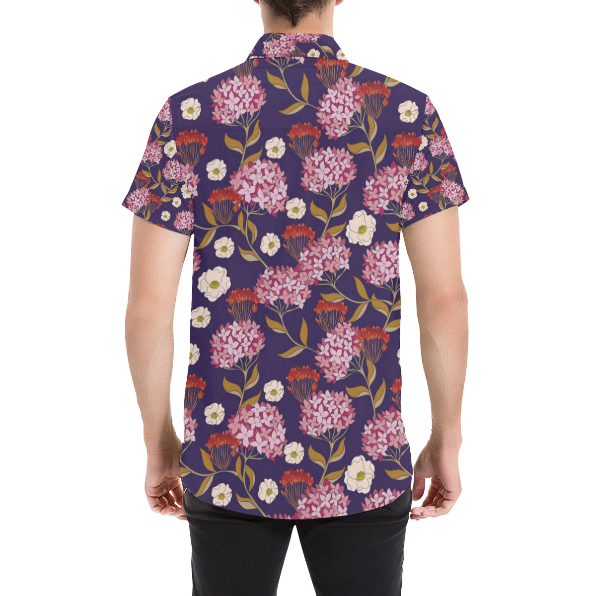 Hydrangea Pattern Print Design HD010 Men's Short Sleeve Button Up Shirt