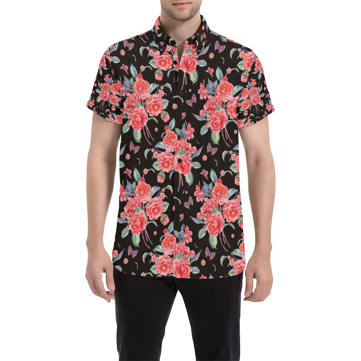 Camellia Pattern Print Design CM03 Men's Short Sleeve Button Up Shirt