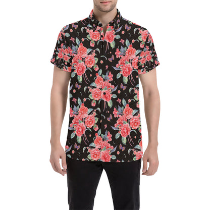 Camellia Pattern Print Design CM03 Men's Short Sleeve Button Up Shirt