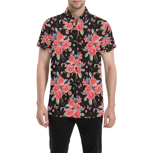 Camellia Pattern Print Design CM03 Men's Short Sleeve Button Up Shirt