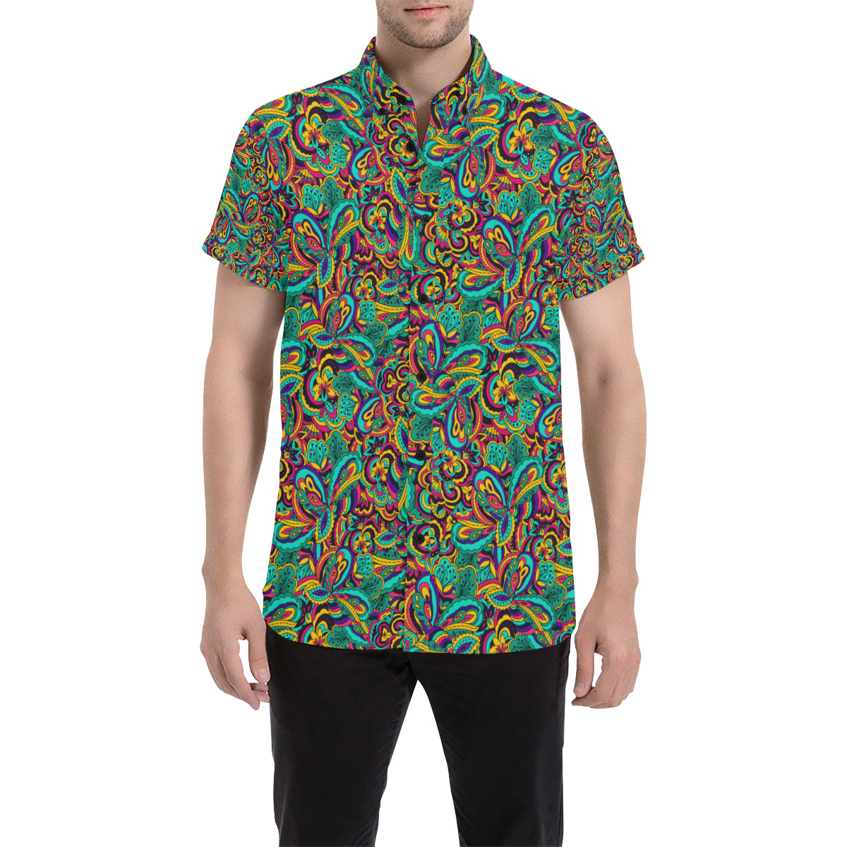 Psychedelic Trippy Floral Design Men's Short Sleeve Button Up Shirt