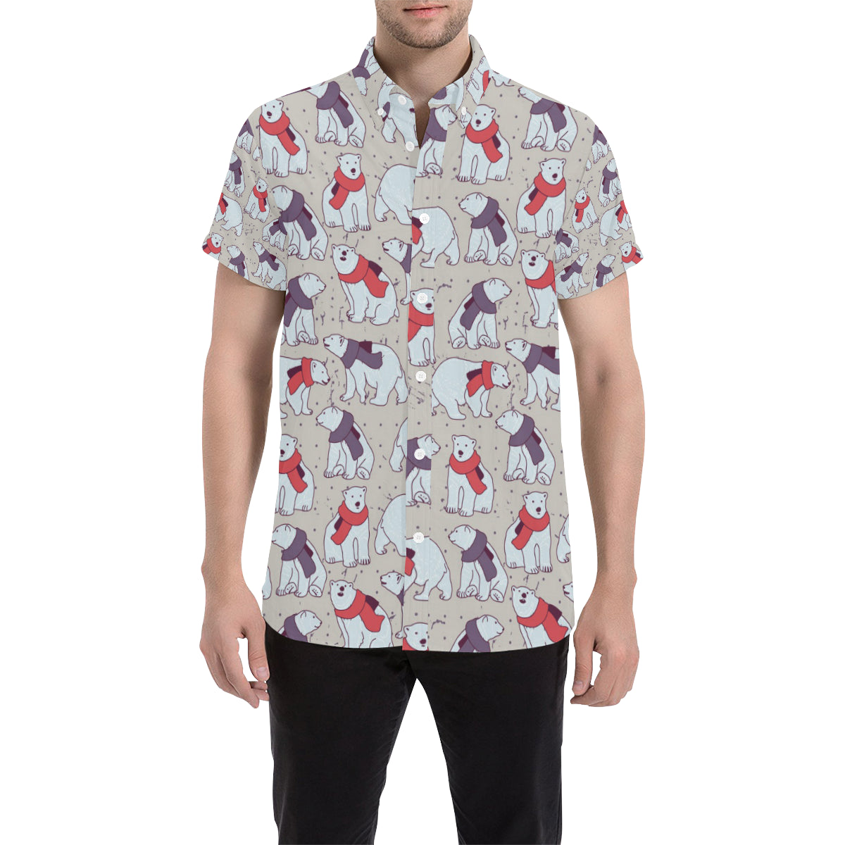 Polar Bear Pattern Print Design PB04 Men's Short Sleeve Button Up Shirt