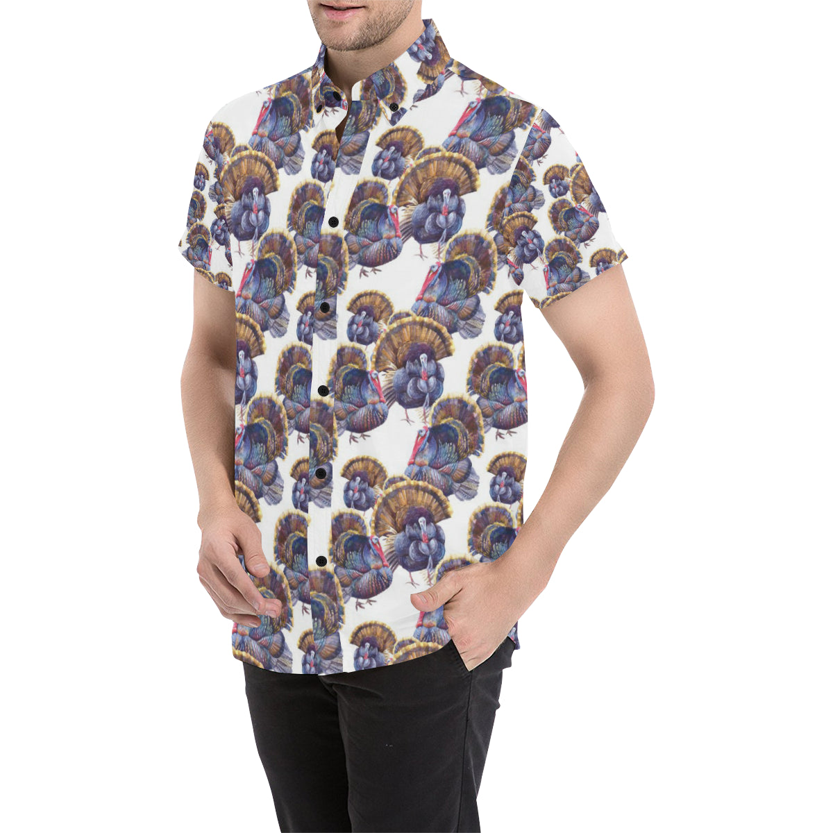 Turkey Pattern Print Design 01 Men's Short Sleeve Button Up Shirt