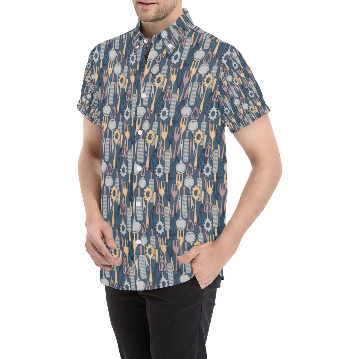 Cooking Kitchen Tools Pattern Print Design 05 Men's Short Sleeve Button Up Shirt