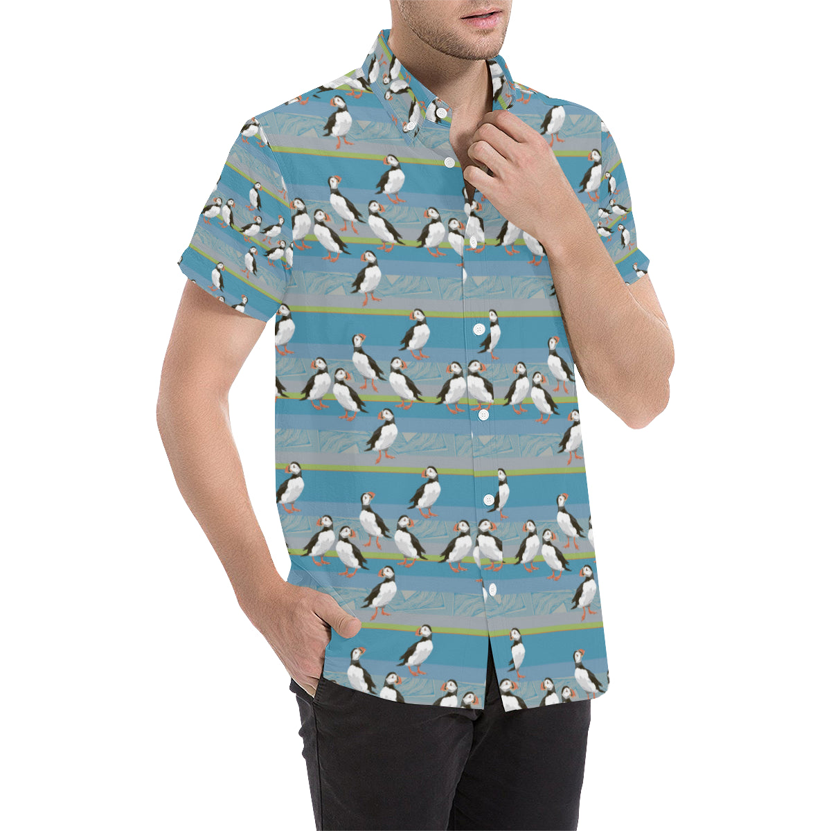 Puffin Pattern Print Design A01 Men's Short Sleeve Button Up Shirt