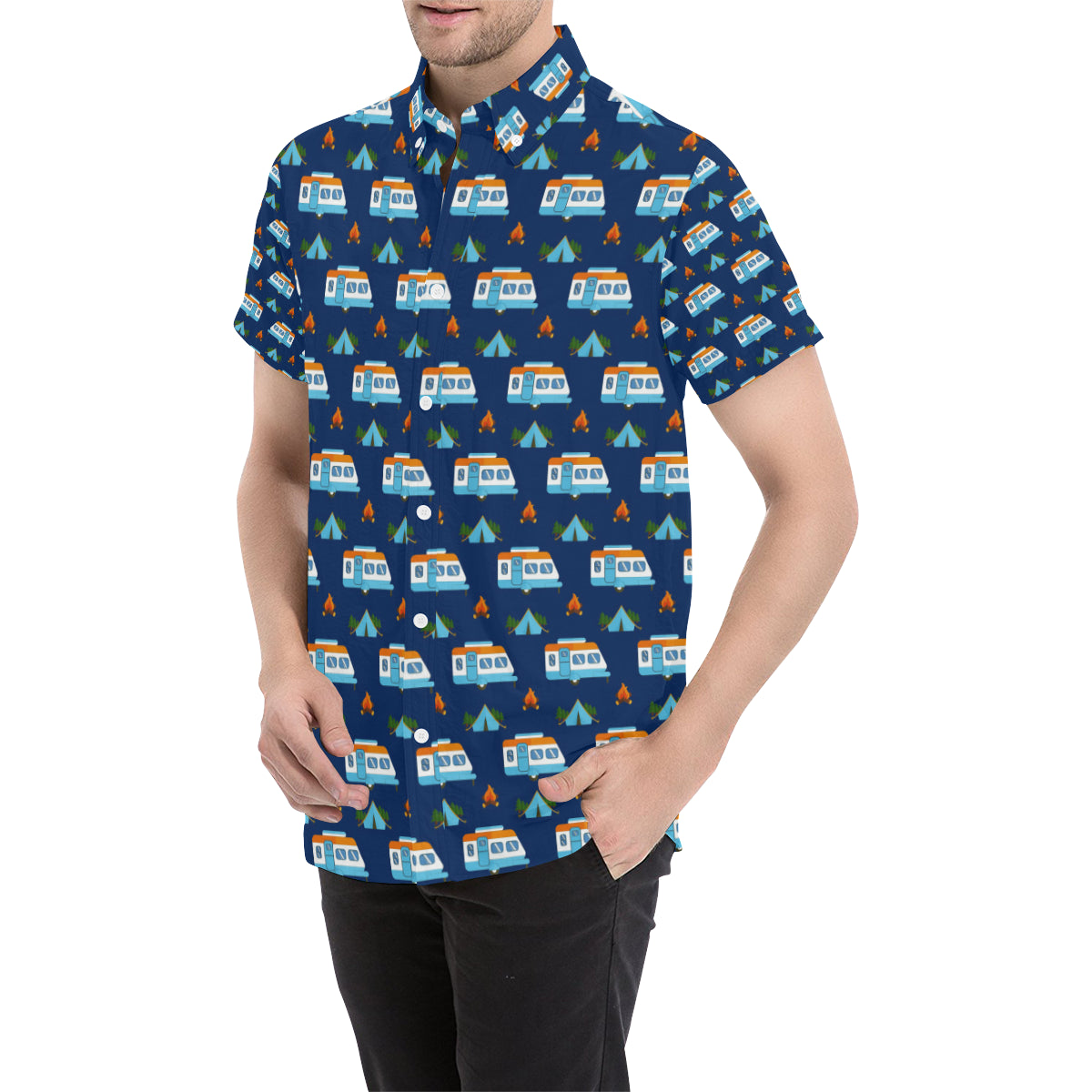 Camper Pattern Camping Themed No 3 Print Men's Short Sleeve Button Up Shirt