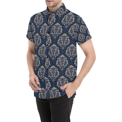 Damask Blue Luxury Print Pattern Men's Short Sleeve Button Up Shirt