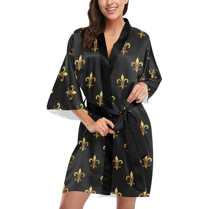 Fleur De Lis Gold Pattern Print Design 03 Women's Short Kimono