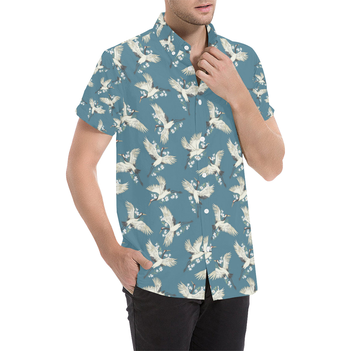 Crane Pattern Print Design 02 Men's Short Sleeve Button Up Shirt
