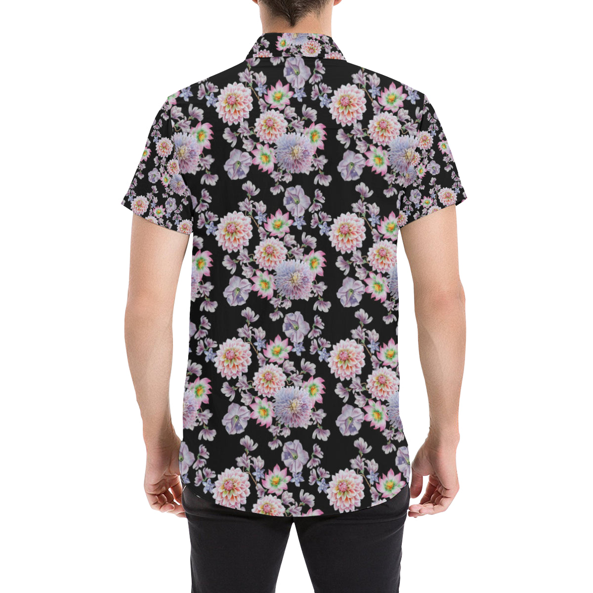 Dahlia Pattern Print Design DH012 Men's Short Sleeve Button Up Shirt