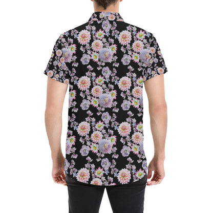Dahlia Pattern Print Design DH012 Men's Short Sleeve Button Up Shirt