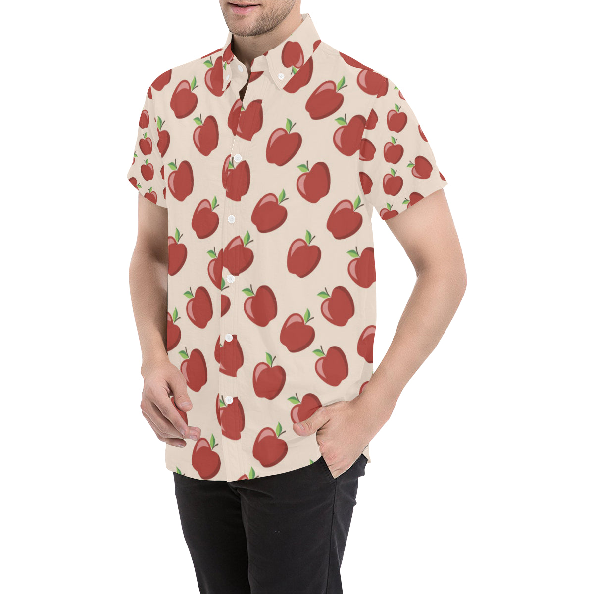 Apple Pattern Print Design AP01 Men's Short Sleeve Button Up Shirt