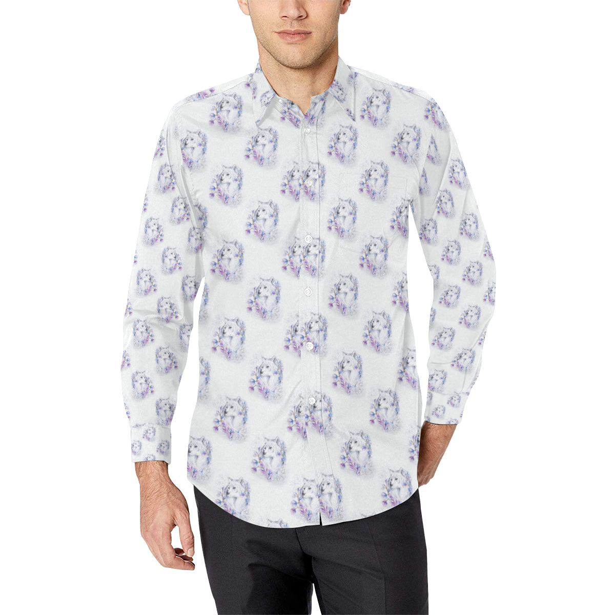 Wolf with Flower Print Design Men's Long Sleeve Shirt