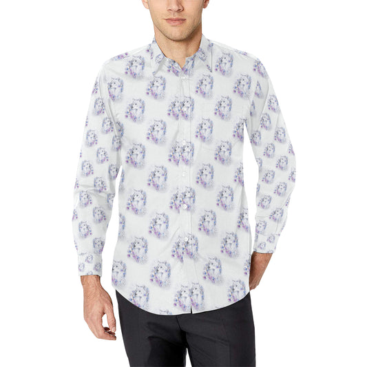 Wolf with Flower Print Design Men's Long Sleeve Shirt