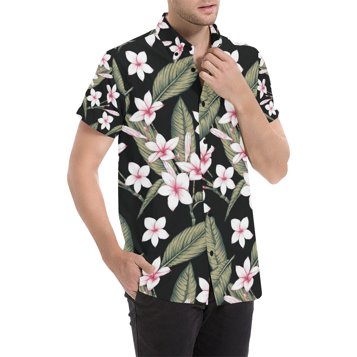 Plumeria Pattern Print Design PM021 Men's Short Sleeve Button Up Shirt