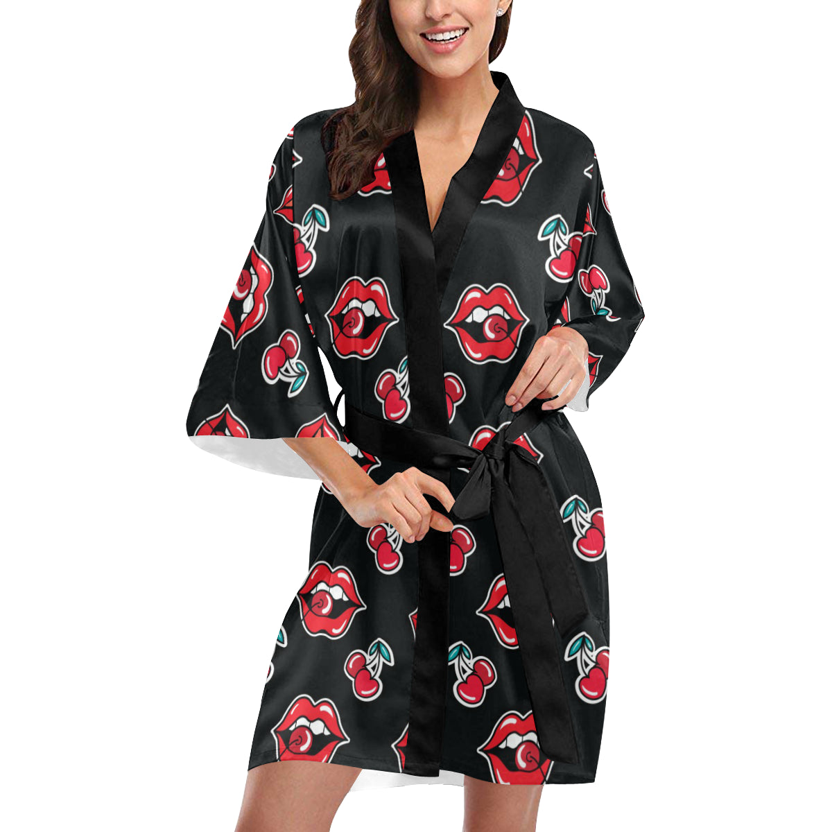 Cherry Pattern Print Design CH04 Women's Short Kimono