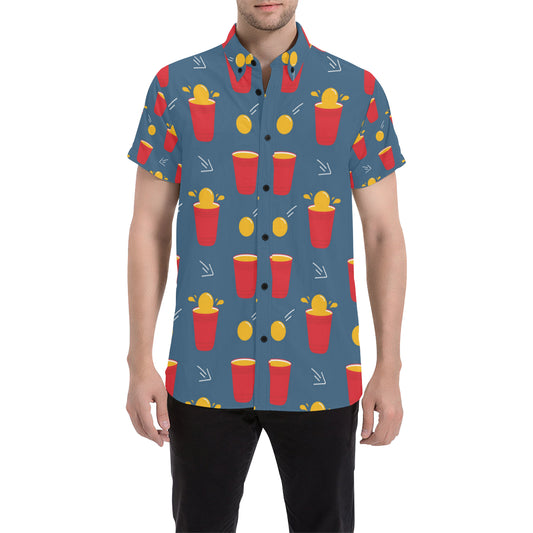 Beer Pong Pattern Print Design 02 Men's Short Sleeve Button Up Shirt