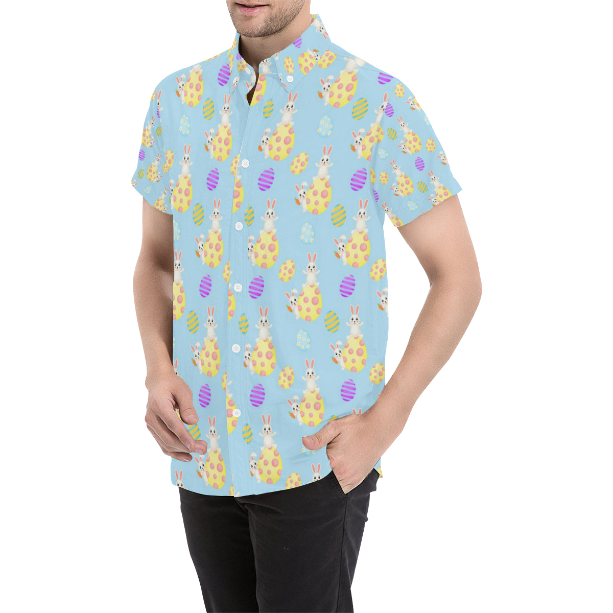 Easter Eggs Pattern Print Design RB015 Men's Short Sleeve Button Up Shirt