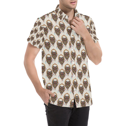 Wolf Tribal Dream Catcher Design Print Men's Short Sleeve Button Up Shirt