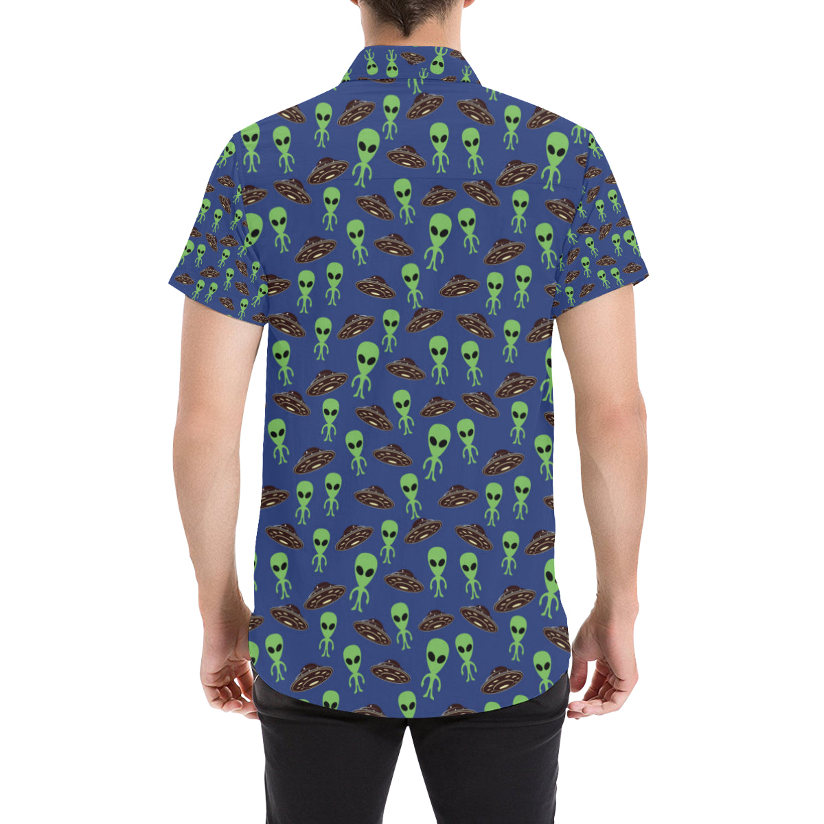 Alien Green UFO Pattern Men's Short Sleeve Button Up Shirt