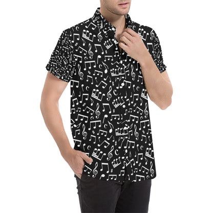 Music Note Black white Themed Print Men's Short Sleeve Button Up Shirt