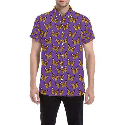 Monarch Butterfly Purple Print Pattern Men's Short Sleeve Button Up Shirt