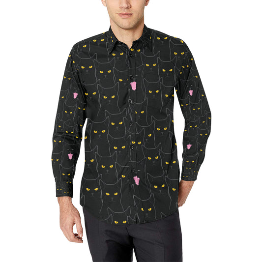 Black Cat Yellow Eyes Print Pattern Men's Long Sleeve Shirt