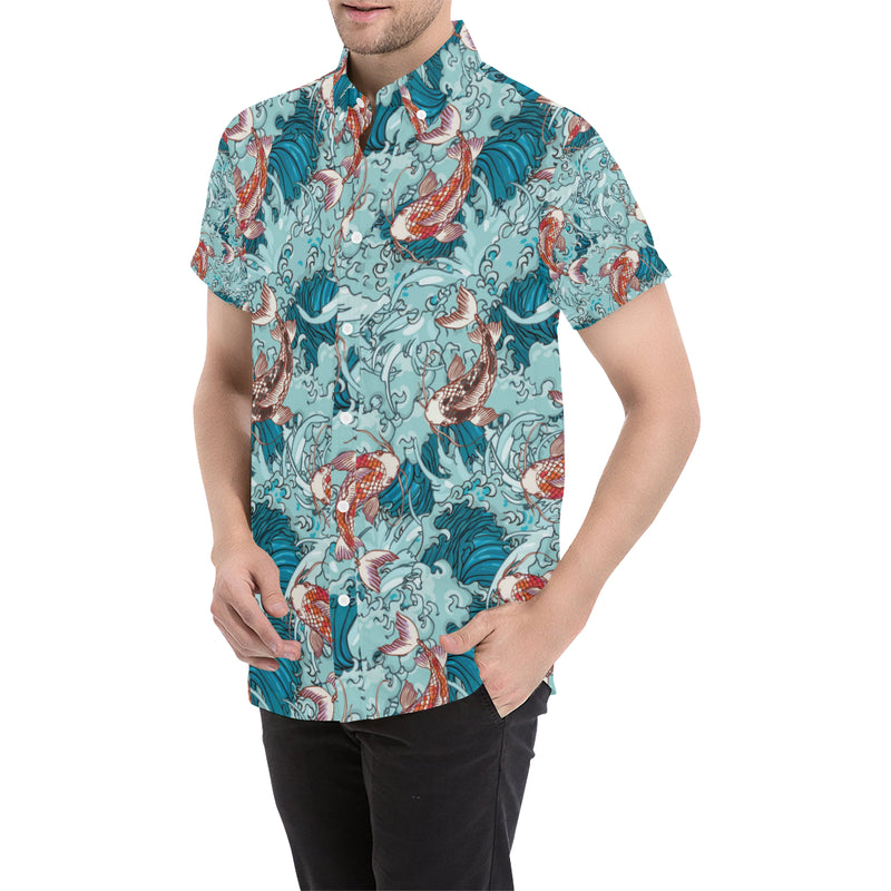 KOI Fish Pattern Print Design 05 Men's Short Sleeve Button Up Shirt