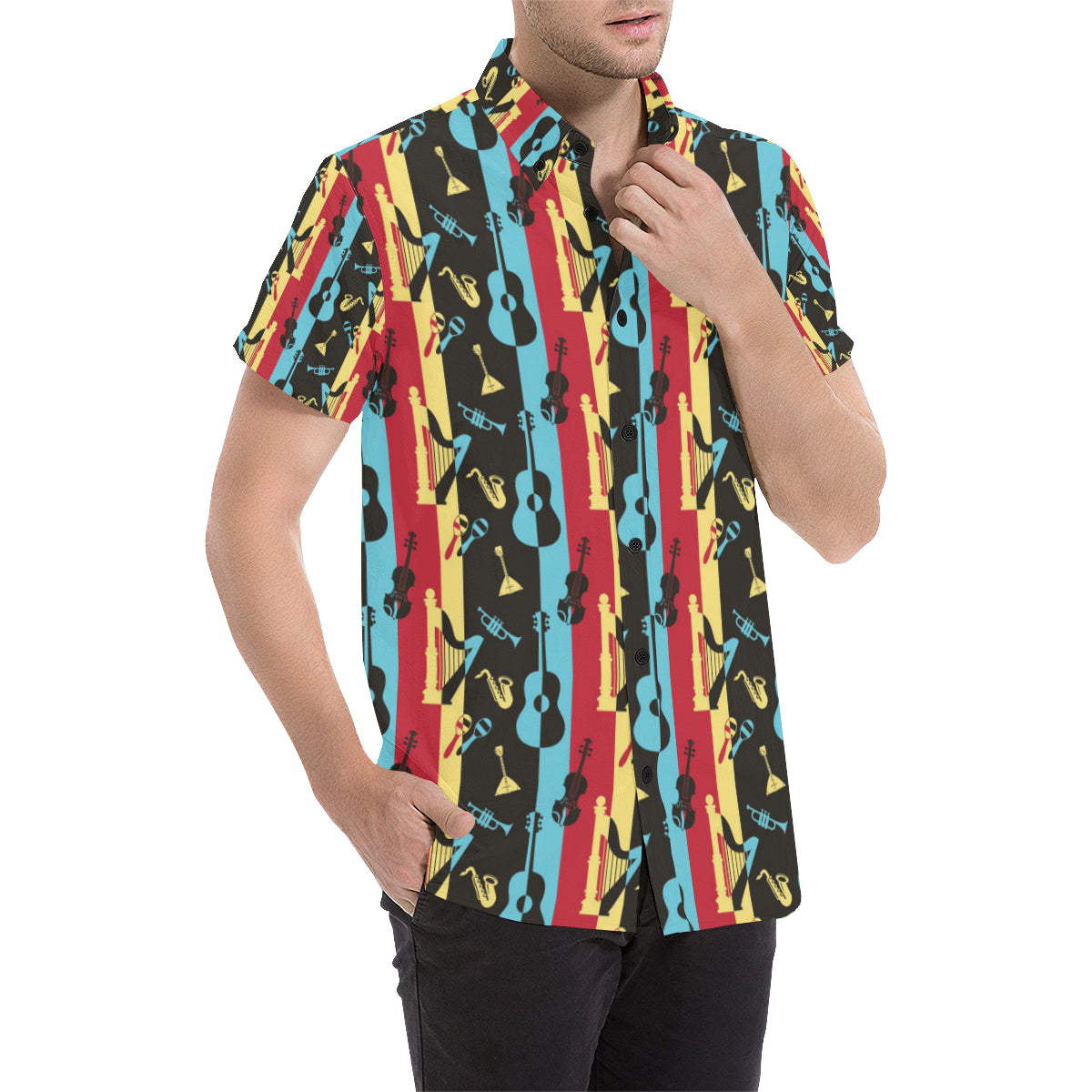 Jazz Pattern Print Design 02 Men's Short Sleeve Button Up Shirt