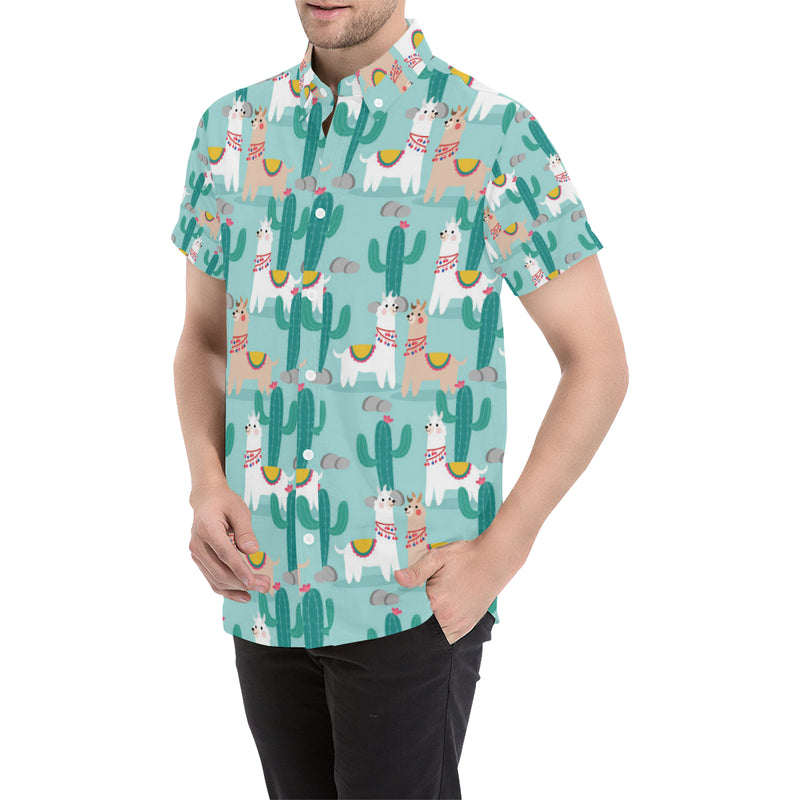 Llama Cactus Pattern Print Design 08 Men's Short Sleeve Button Up Shirt