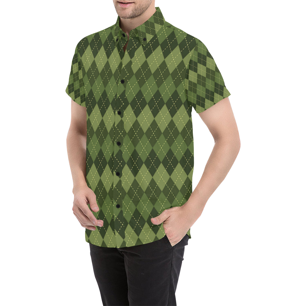 Argyle Green Pattern Print Design 01 Men's Short Sleeve Button Up Shirt
