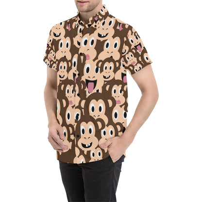 Emoji Monkey Print Pattern Men's Short Sleeve Button Up Shirt