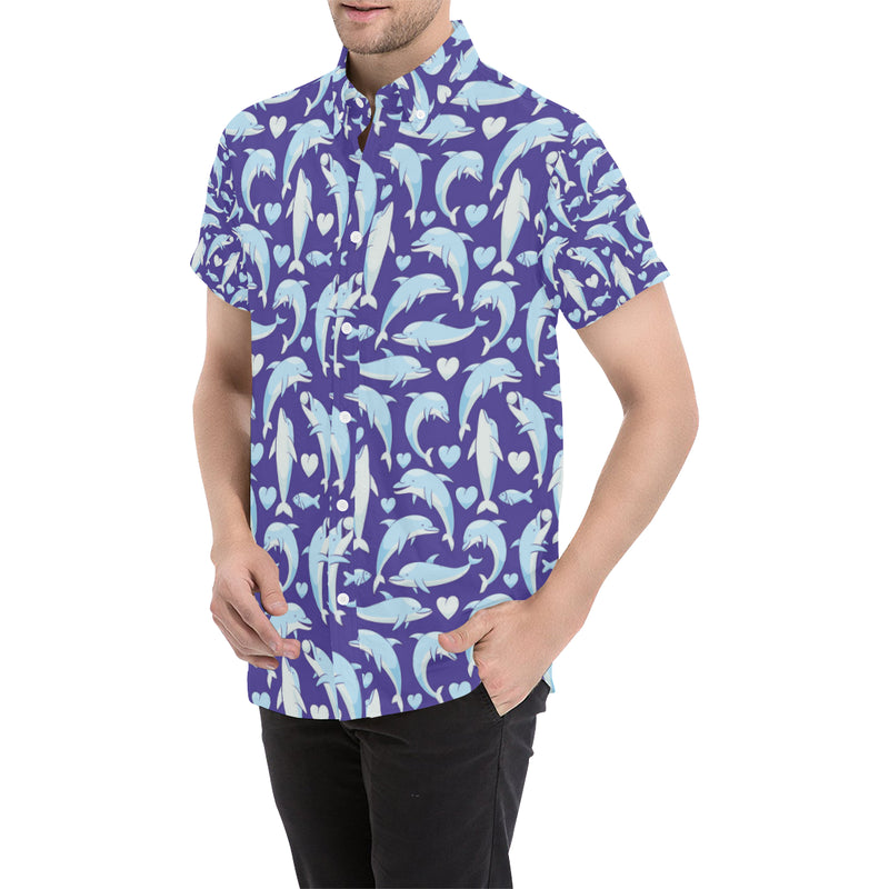 Dolphin Smile Print Pattern Men's Short Sleeve Button Up Shirt