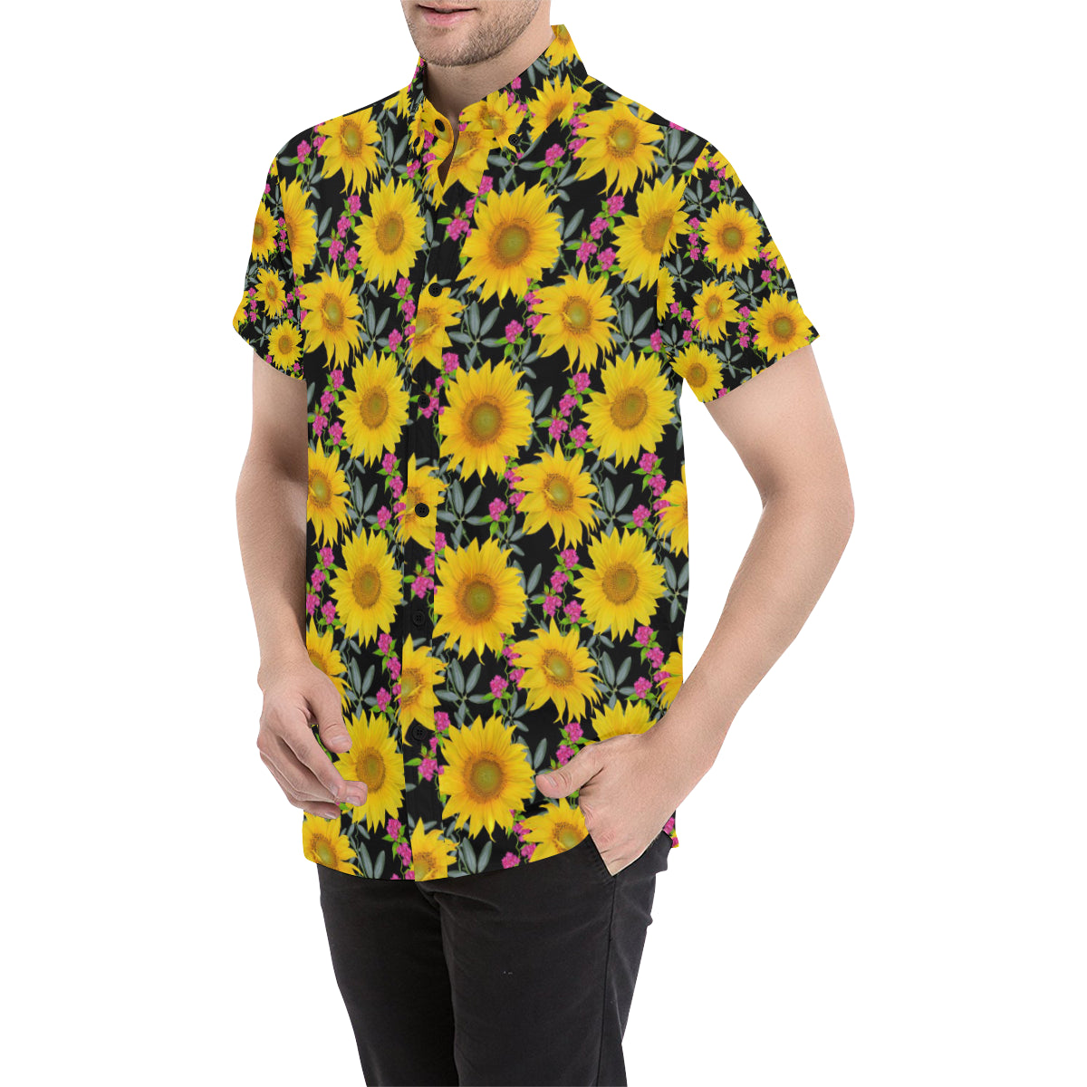 Sunflower Pattern Print Design SF014 Men's Short Sleeve Button Up Shirt