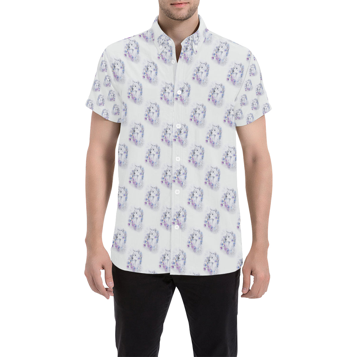 Wolf with Flower Print Design Men's Short Sleeve Button Up Shirt
