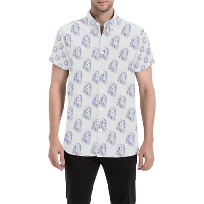 Wolf with Flower Print Design Men's Short Sleeve Button Up Shirt