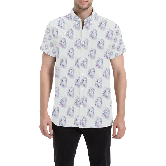Wolf with Flower Print Design Men's Short Sleeve Button Up Shirt
