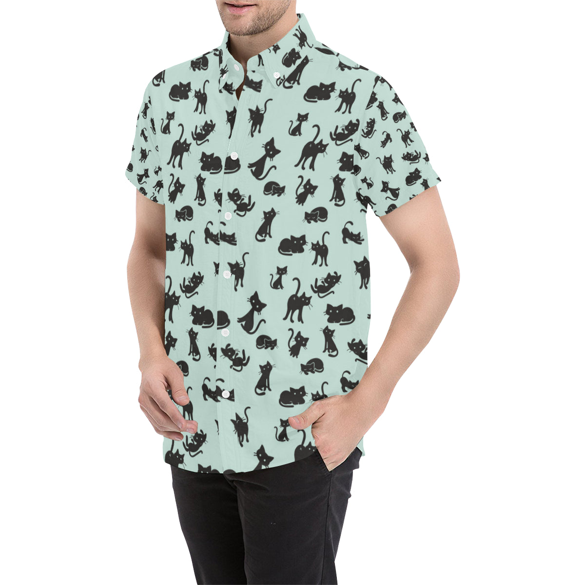 Black Cat Pattern Print Design 04 Men's Short Sleeve Button Up Shirt