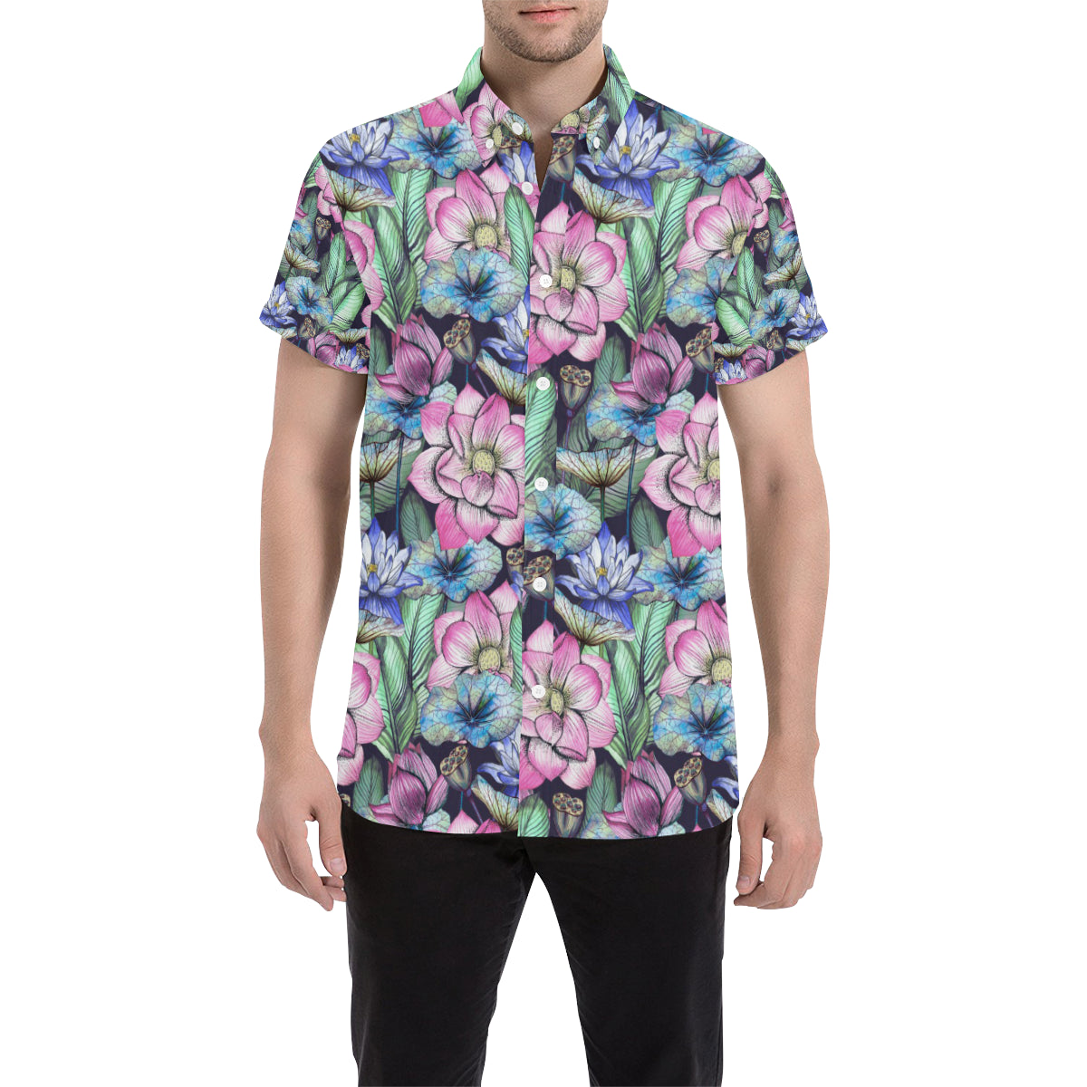 Water Lily Pattern Print Design WL07 Men's Short Sleeve Button Up Shirt
