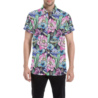 Water Lily Pattern Print Design WL07 Men's Short Sleeve Button Up Shirt
