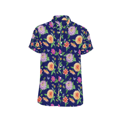 Dahlia Pattern Print Design DH010 Men's Short Sleeve Button Up Shirt