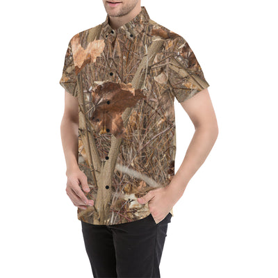 Camo Realistic Tree Forest Autumn Print Men's Short Sleeve Button Up Shirt