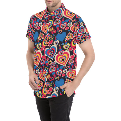 Heart Pattern Print Design HE08 Men's Short Sleeve Button Up Shirt
